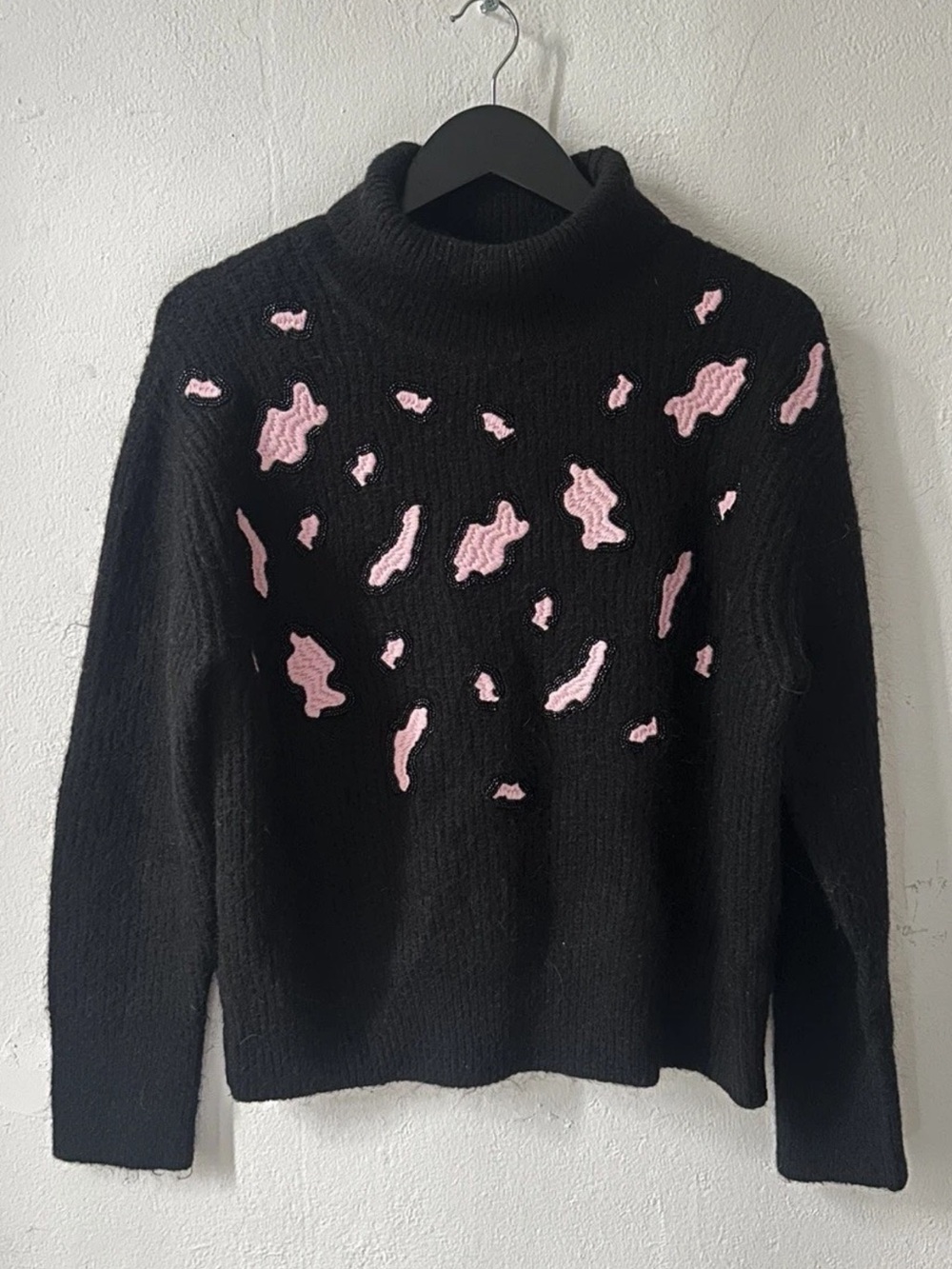 Sandro Paris Sweater Womens M Black Pink Leopard Beaded Mohair Wool Turtleneck